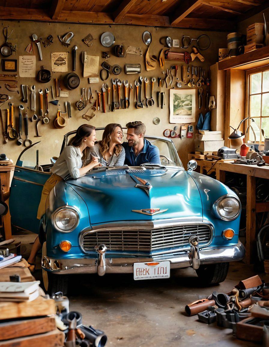 A couple joyfully working together on a vintage car in a sunlit garage, surrounded by tools and car parts. They share a moment of laughter while a scenic road trip photo collage hangs on the wall behind them, symbolizing their adventures together. Soft, warm lighting enhances the cozy atmosphere, highlighting their teamwork and love for travel. super-realistic. vibrant colors. 3D.