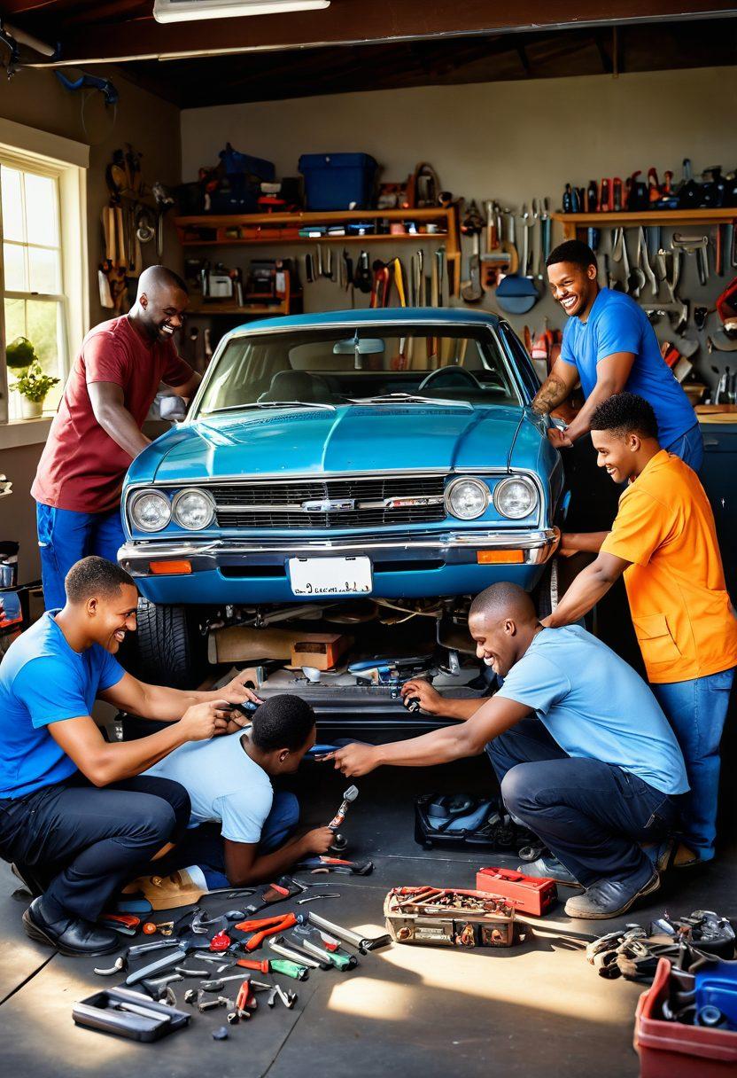 A heartwarming scene of a diverse group of people working together on a car in a sunlit garage, showcasing teamwork in auto care and repairs. Tools scattered around, laughter shared, and a sense of camaraderie depicted as they bond over the mechanical details. The background includes a chalkboard with maintenance tips and colorful auto parts. super-realistic. vibrant colors. warm lighting.