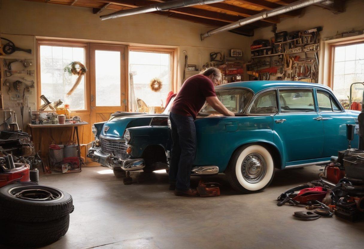 An intimate scene of a couple lovingly working together on a vintage car in a sunlit garage, surrounded by tools and car parts, conveying teamwork and closeness. In the background, a heart-shaped wreath made of car parts symbolizes their bond. The couple should appear joyful and engaged, capturing the essence of romance intertwined with car care. warm lighting. vibrant colors. painting.